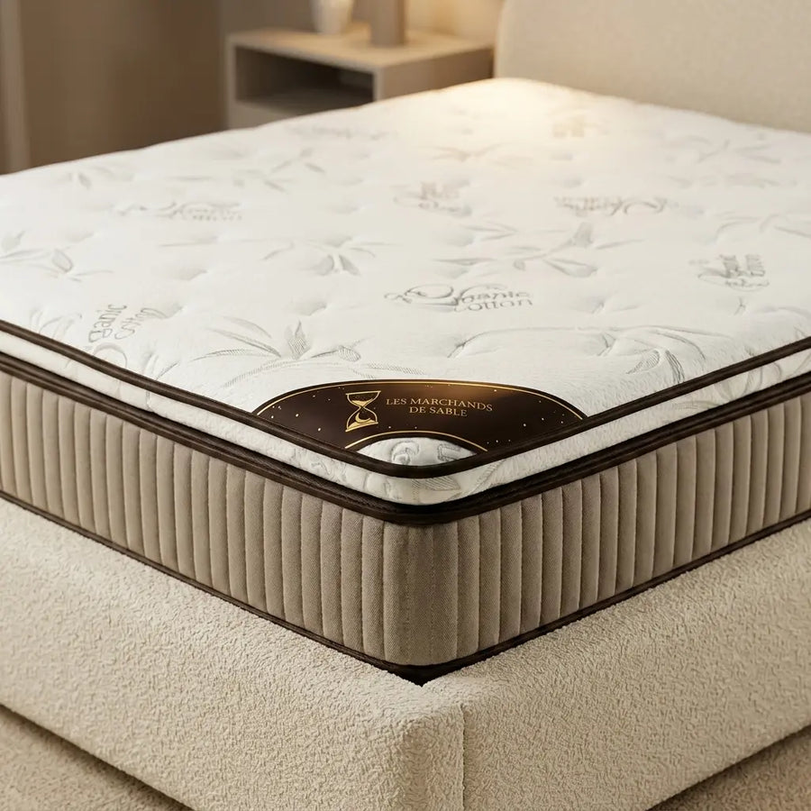Matelas Nuage installe dans une chambre avec etiquette Les Marchands de Sable visible