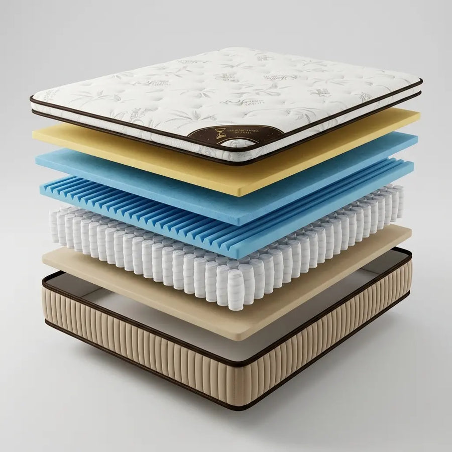 Vue eclatee des 11 couches du matelas Nuage avec mousse memoire de forme gel et ressorts ensaches