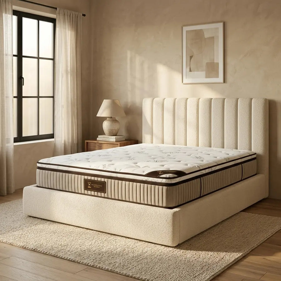 Matelas Nuage pose sur un lit dans une chambre cocooning avec tete de lit capitonnee et lampe de chevet