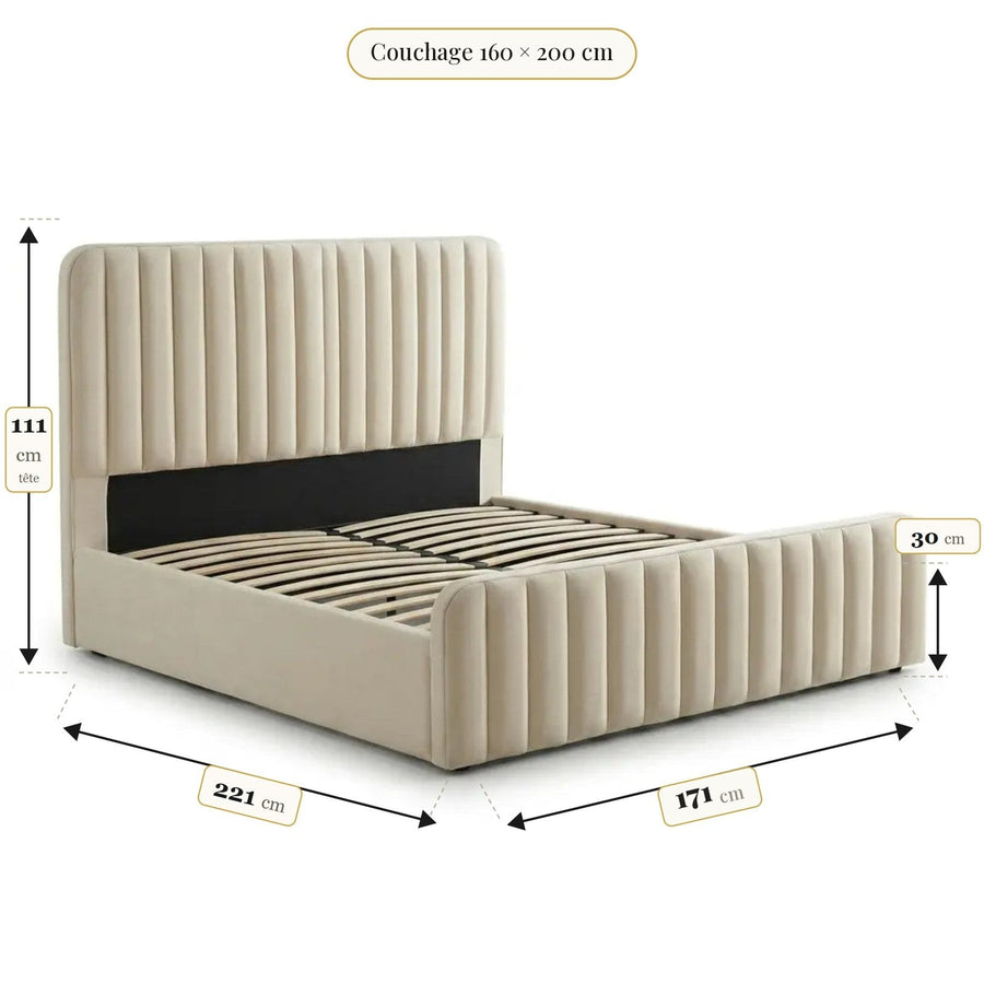 Dimensions du lit coffre Eden (couchage 160x200) : 171 x 221 cm hors tout, tete de lit 111 cm, caisse 30 cm