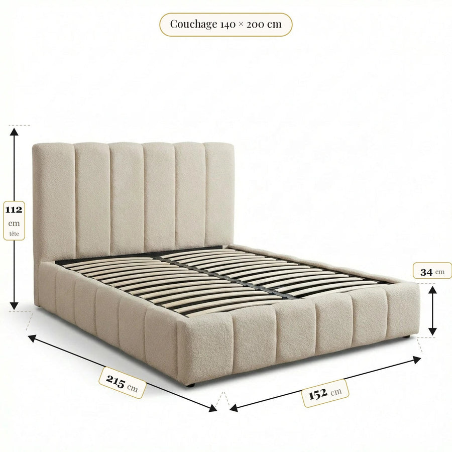 Dimensions du lit coffre Nebula (couchage 140x200) : 152 x 215 cm hors tout, tete de lit 112 cm, caisse 34 cm